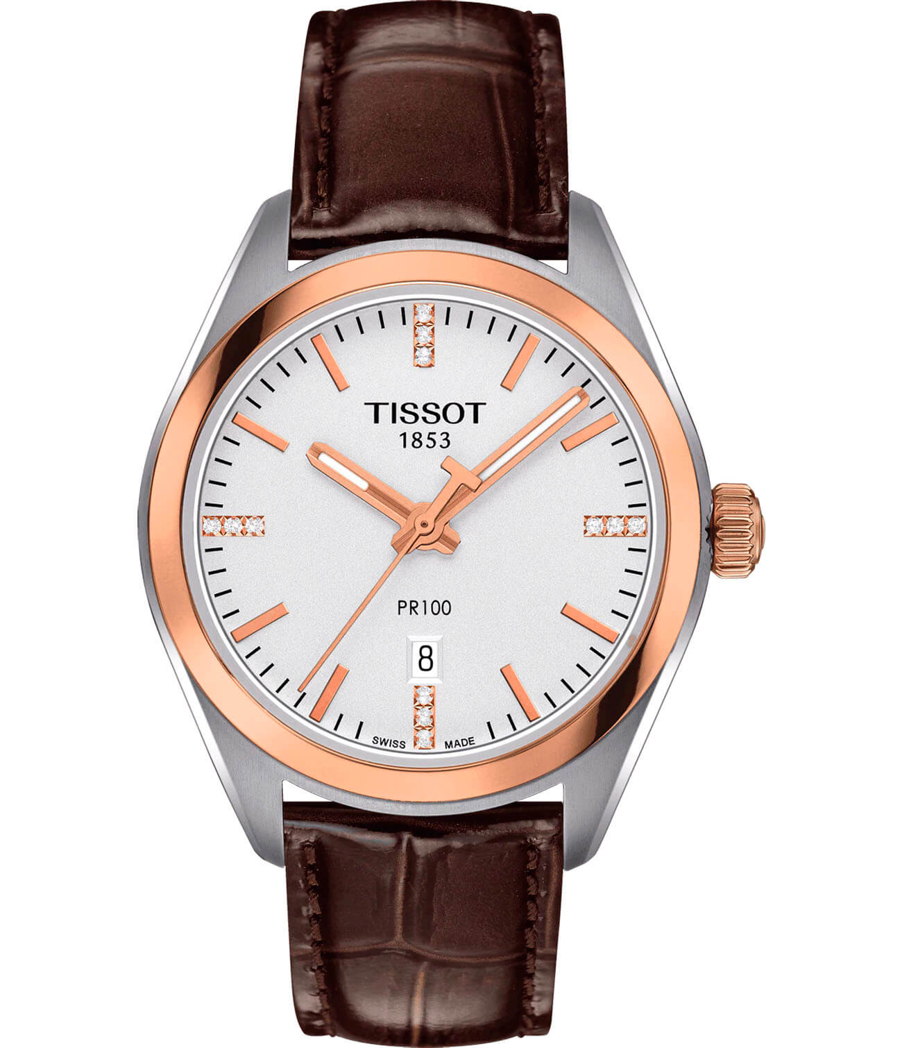 Tissot Tissot PR 100 Lady T101.210.26.036.00 PR 100 T1012102603600 кварцевые женские часы белый циферблат, браслет кожаный — вид спереди