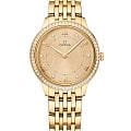 Omega Omega De Ville Prestige 434.55.30.60.58.001  Prestige 43455306058001 кварцевые женские часы  золотой циферблат, браслет 18-каратное желтое золото — вид спереди