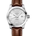 Longines  Longines Conquest L3.777.4.76.4  L37774764 механические мужские часы  белый циферблат, браслет кожаный — вид спереди