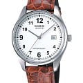 Casio Casio MTP-1175E-7B  MTP-1175E-7B кварцевые мужские часы белый циферблат, браслет кожаный — вид спереди